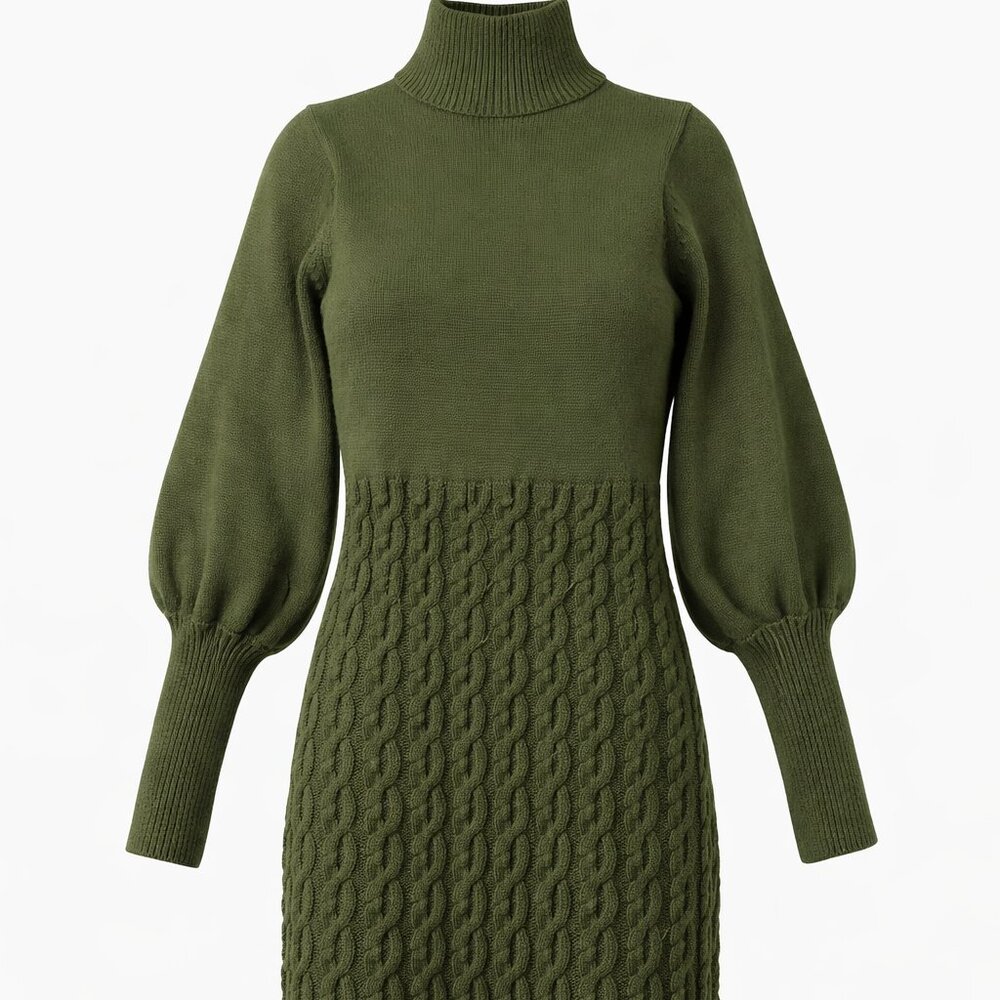 Lulus - Fresh Perspective Olive Green Knit Turtleneck Sweater Dress - Size Small
